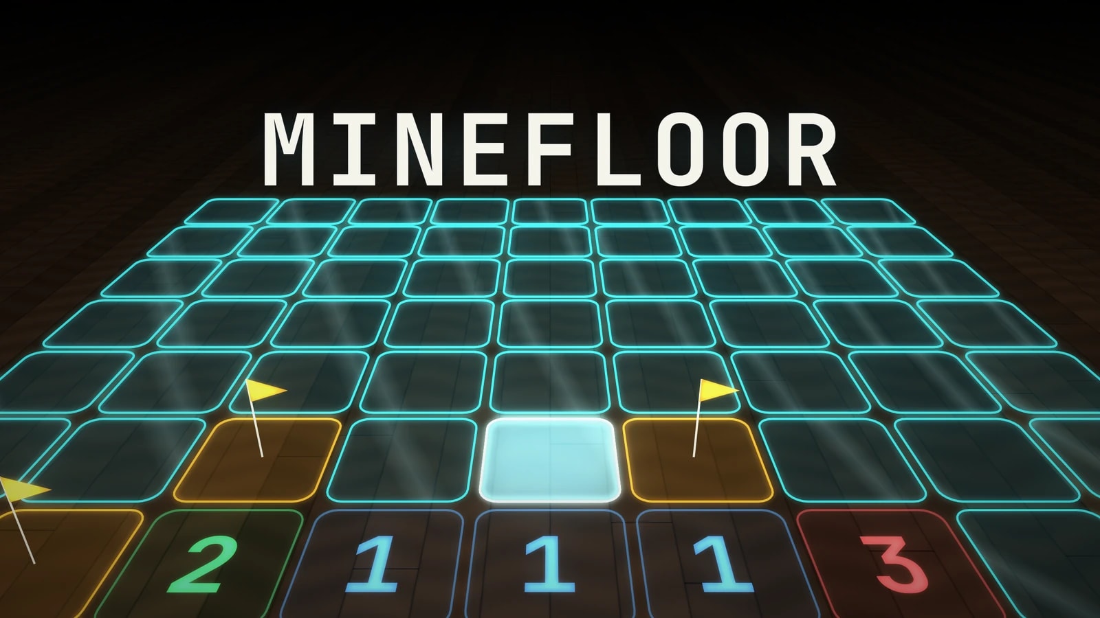 MineFloor: a glowing Minesweeper board with numbered tiles and flags